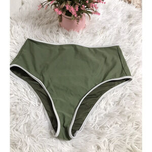 AERIE High Waisted Cheeky Bikini Bottom Sz Lg Light Olive Back Key Hole Beach